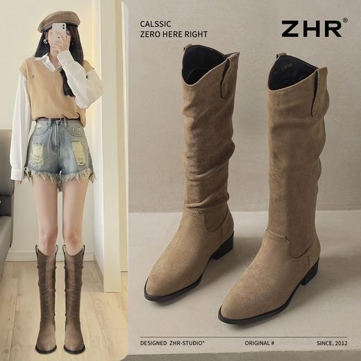ZHR则则绒面尖头长筒靴女2024冬新款薄绒保暖骑士靴软底V口堆堆靴 商品图0