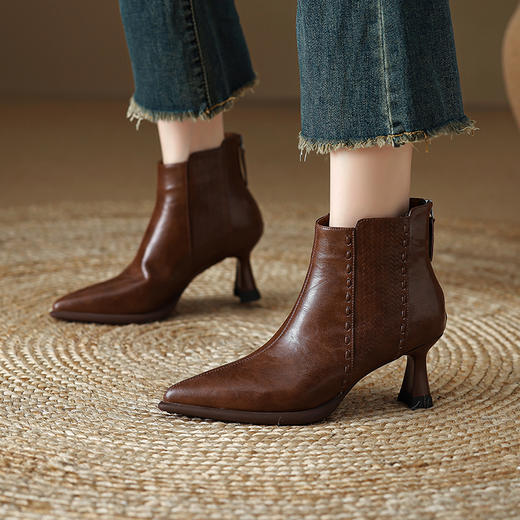 【预售5天】优雅复古羊皮踝靴秋冬新款高跟OL尖头真皮短靴女MLJ&C51 商品图0