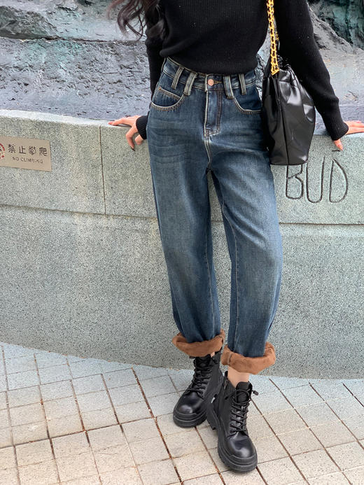 【百图lulu定制】【加厚北极绒老爹裤】不贴腿 超保暖 显瘦遮肉 微宽松加厚老爹牛仔裤 商品图0