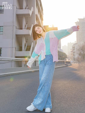 logo渐变牛仔阔腿裤
