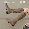 ZHR则则绒面尖头长筒靴女2024冬新款薄绒保暖骑士靴软底V口堆堆靴 商品缩略图6