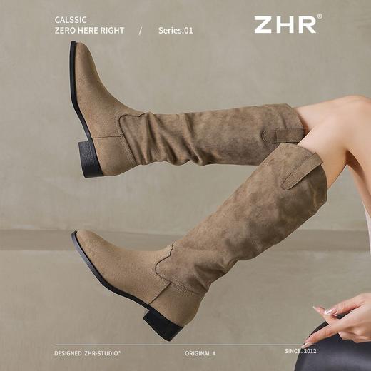 ZHR则则绒面尖头长筒靴女2024冬新款薄绒保暖骑士靴软底V口堆堆靴 商品图6