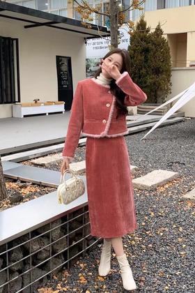 ELLA JADE 橘粉色小香风毛绒边羽绒套装 19803