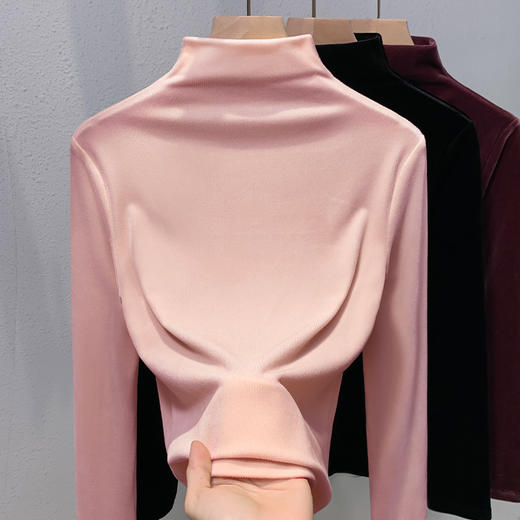 百媚生 金丝绒半高领上衣女长袖打底衫J4D2671 商品图2