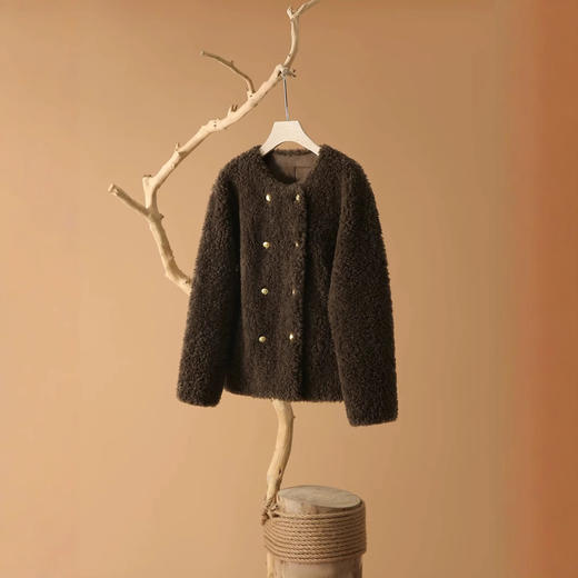 丁摩 全羊毛皮毛一体羊羔毛皮草外套女小个子羊剪绒大衣MH6603 商品图3