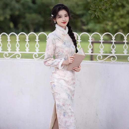 鎏金银珠缎加毛加厚，长款新中式国风高端旗袍SJT-707 商品图2