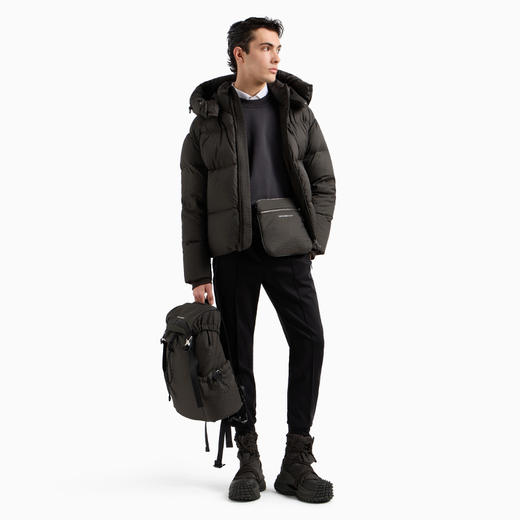 EMPORIO ARMANI 阿玛尼 男士通体 LOGO 提花尼龙连帽拉链羽绒服 灰色 6D1BC3 1NNXZ 05A6 商品图3