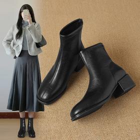 ZHR则则气质方头粗跟短靴加绒靴子2024冬季新款百搭通勤厚底女鞋