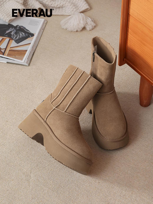 EVERAU潮酷【人鱼跟】厚底增高显瘦靴筒内里羊毛女士秋冬雪地靴UEA3015 商品图2