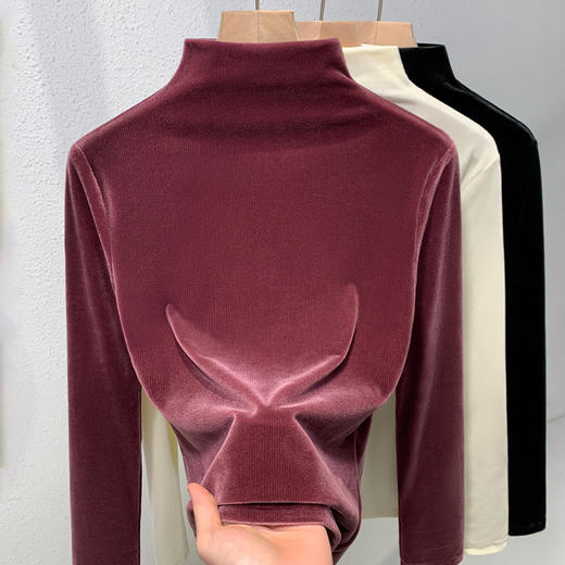 百媚生 金丝绒半高领上衣女长袖打底衫J4D2671 商品图0