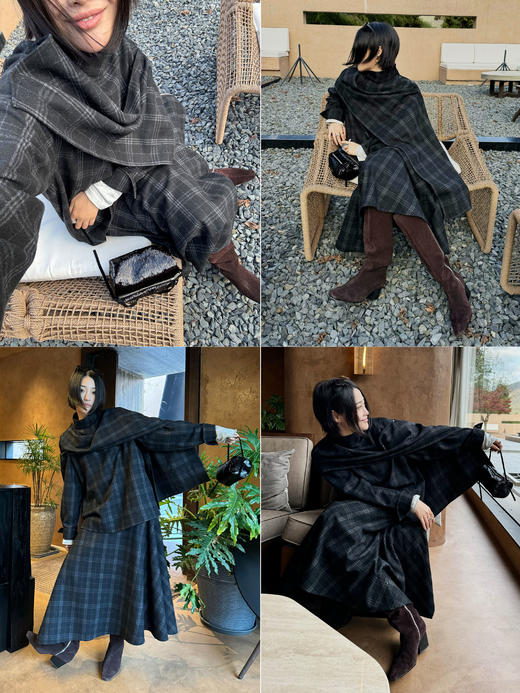 HIDEMI 进口色织格纹厚款羊毛可拆卸围巾设计感多穿式不对称剪裁外套衬衫半裙套装 商品图1