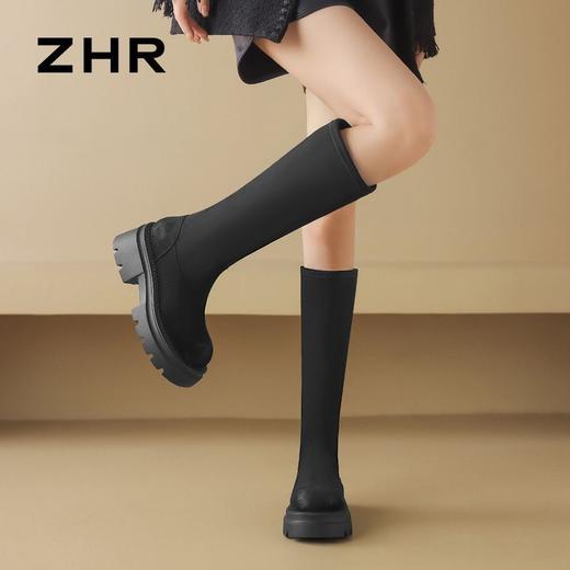 ZHR则则简约纯色弹力瘦瘦靴女靴2024秋冬新款时尚复古百搭骑士靴 商品图5