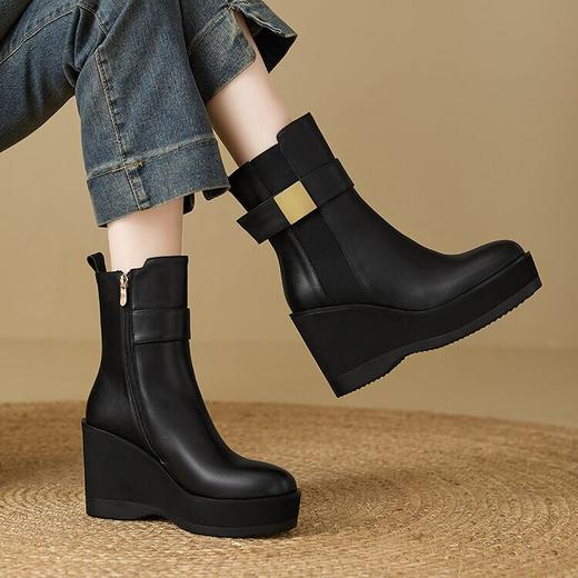 【预售5天】秋冬皮靴增高鞋圆头坡跟靴子高跟短靴女厚底性感牛皮真皮女靴NWS1&N9648 商品图4