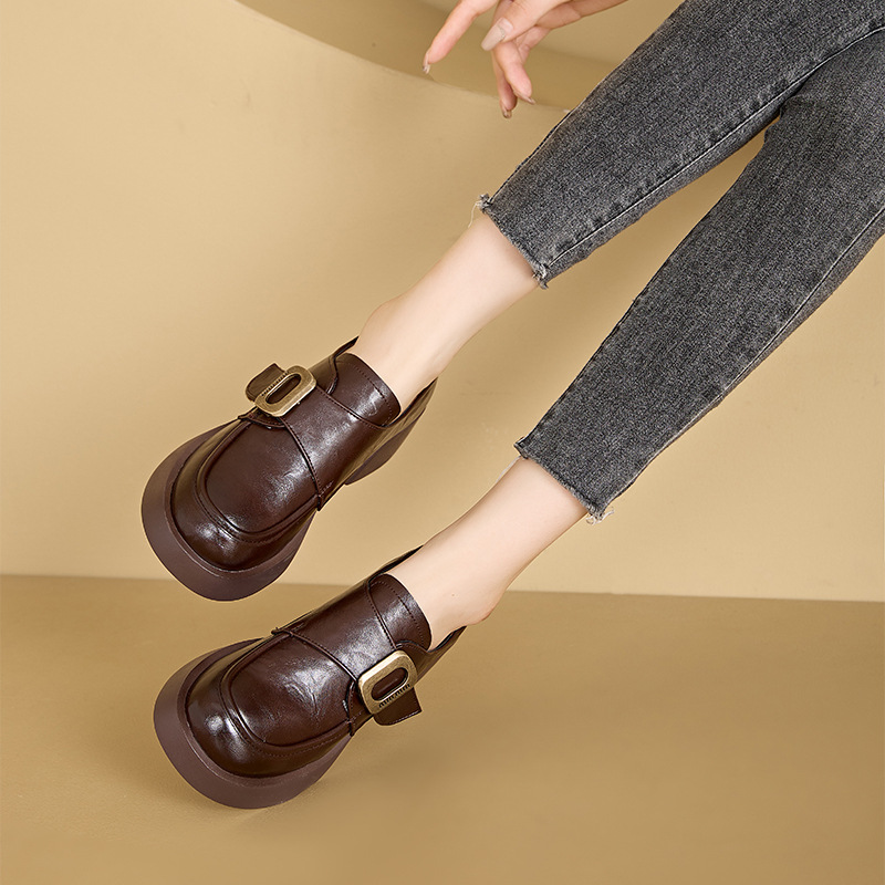雀说 真皮乐福鞋女韩版厚底魔术贴小皮鞋女搭扣休闲小单鞋女