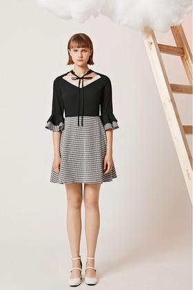 komello 名媛千鸟格喇叭袖连衣裙 14616