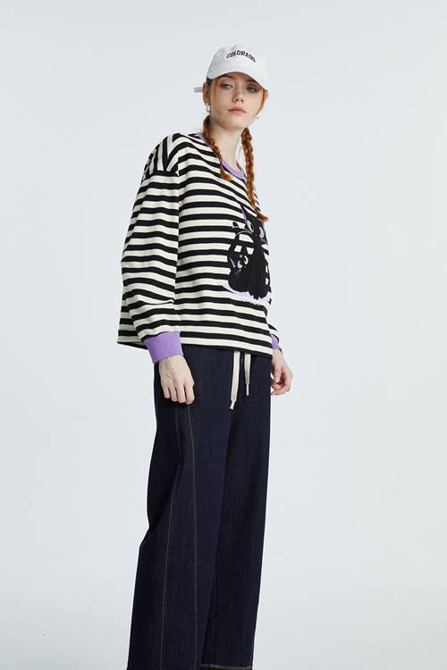 水淼2024秋冬新款黑白条猫咪针织衫9028 商品图0