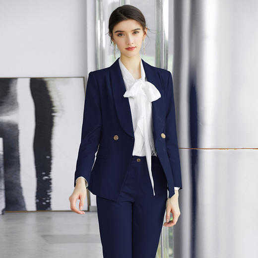 AD正装女套装春季藏青色工作服气质青果领西装套裤时尚商务职业装 商品图7