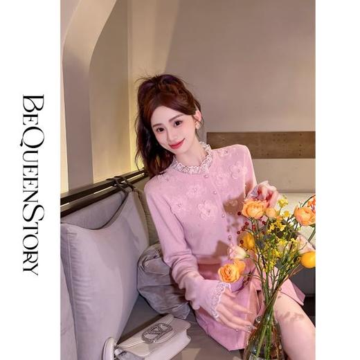 【孤品样衣，不退不换】【花期为信】高定100羊毛保暖亲肤蕾丝花边开衫圆领毛衣秋冬 商品图2