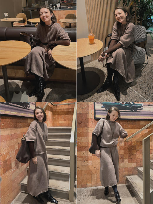 HIDEMI 进口澳洲美利奴羊毛花纱立领短袖粗针极简廓形毛衣半裙套装 毛衣｜茧型半裙 商品图1