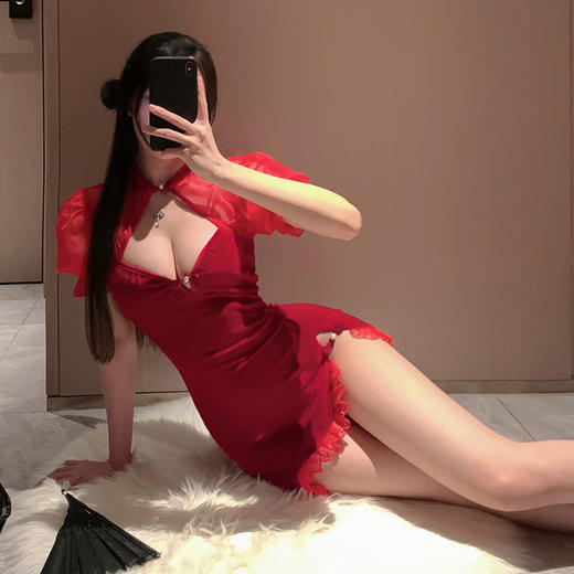 丝绒拼蕾丝妩媚透臀旗袍6595（有大码） 商品图2