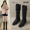 ZHR则则绒面尖头长筒靴女2024冬新款薄绒保暖骑士靴软底V口堆堆靴 商品缩略图1