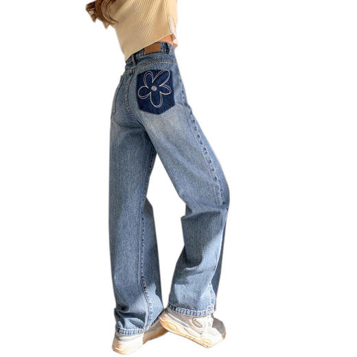 「撞色小花朵刺绣款」直筒牛仔裤女 梨形身材高腰宽松阔腿拖地长裤子下装 商品图4