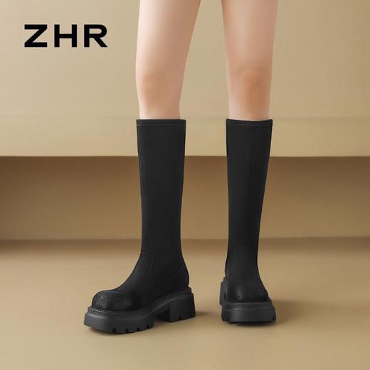 ZHR则则简约纯色弹力瘦瘦靴女靴2024秋冬新款时尚复古百搭骑士靴 商品图6