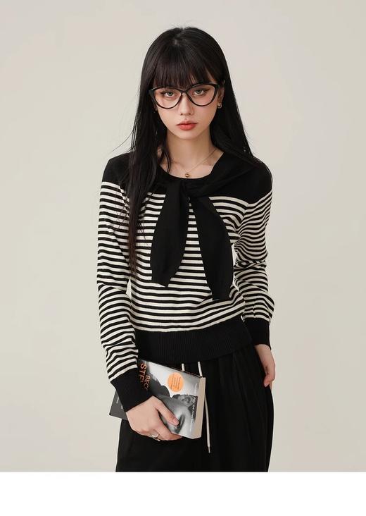 <曾小咸推荐>假两件披肩针织毛衣撞色条纹 商品图2