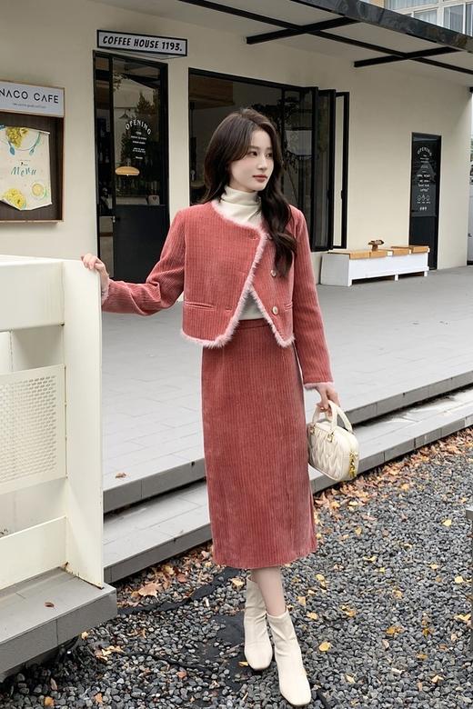 ELLA JADE 橘粉色小香风毛绒边羽绒套装 19803 商品图1