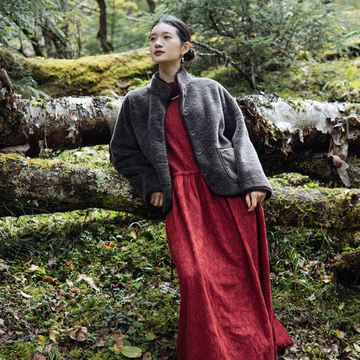 绽放旅行女装208朵/重磅全羊毛天丝系带长袖连衣裙2024枣红色长裙 商品图2