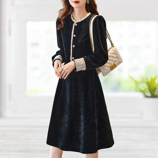 雀说 秋冬女装圆领长袖显瘦中长裙花边拼接灯芯绒加厚连衣裙女4ZF-7312 商品图0