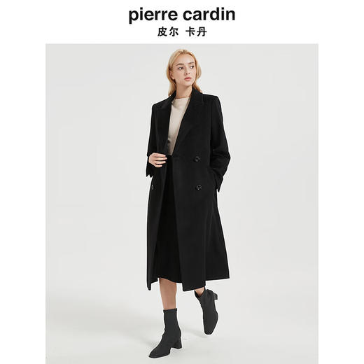 皮尔卡丹女装毛呢外套简约知性修身黑色通勤双排扣长款C44CL74B0
 商品图1