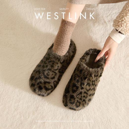 西遇厚底毛毛鞋女新款冬季法式豹纹毛绒包头半拖鞋外穿棉拖鞋D4347844 商品图1