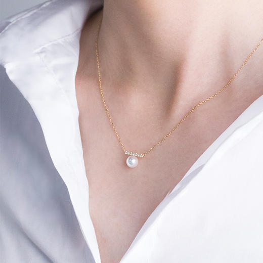 2021年akoya18k黄金镶钻高级线条感珍珠项链/雪白珠纯银贝母耳钉 商品图3