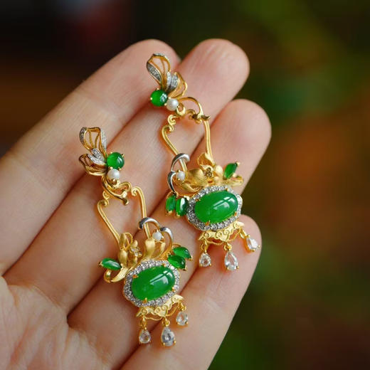 龢盒原创 满庭芳 冰阳翡翠蛋面蝶莲耳坠耳环 商品图4