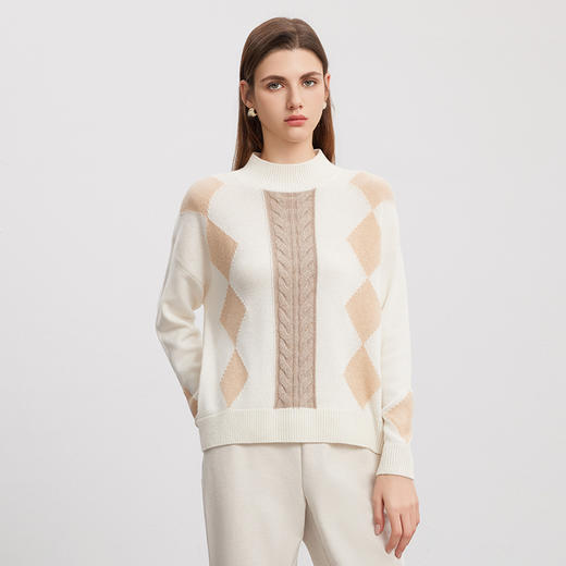 【半高领菱形绞花毛衣】羊绒世家秋冬新品女士100%山羊绒内搭保暖毛衣 商品图2