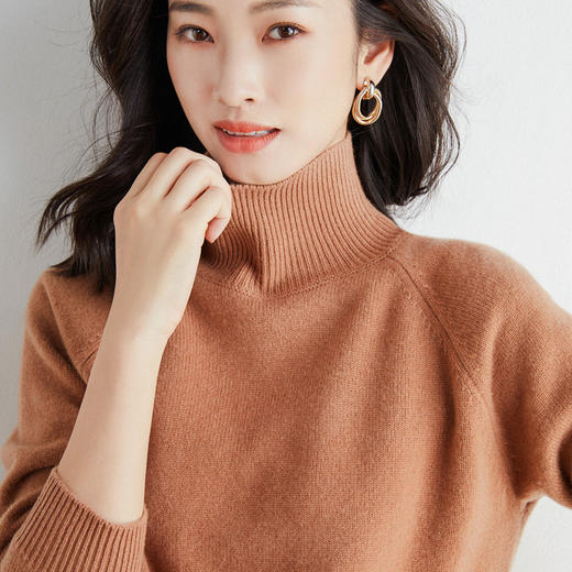 新款 2024套头秋冬季韩版高领气质通勤粘纤纯色褐色针织毛衣女 商品图0