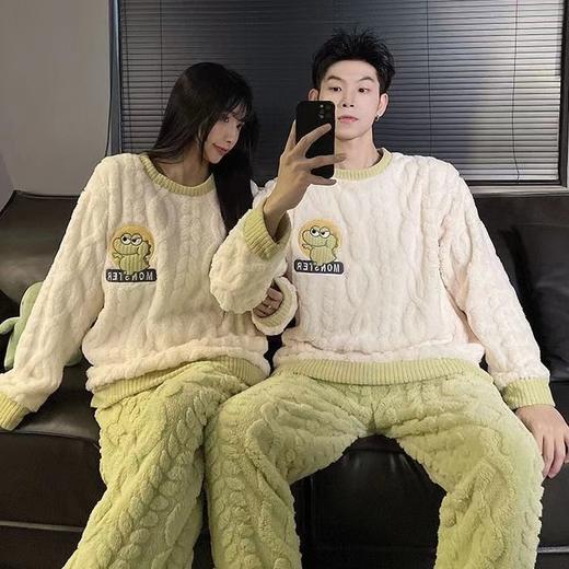 秋冬男女加绒睡衣裤 可爱卡通圆领套头家居服加厚情侣装套装 商品图4