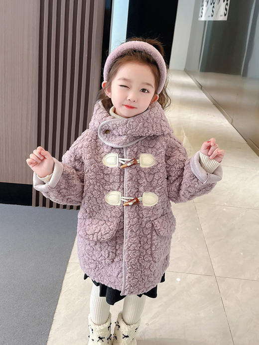 【时尚可爱毛毛连帽大衣，连帽领口，百搭舒适】女童羊羔绒外套 秋冬新款 洋气儿童加绒上衣秋装 宝宝加厚童装-QQ 商品图0
