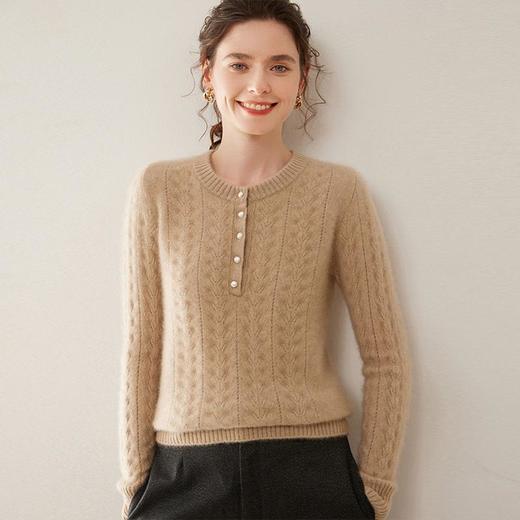 【自】全新升级【铂金会员514/天猫689/差价175】(34654) 洛诗琳圆领加厚山羊绒女镂空毛衣秋冬长袖套头羊绒针织衫 商品图1