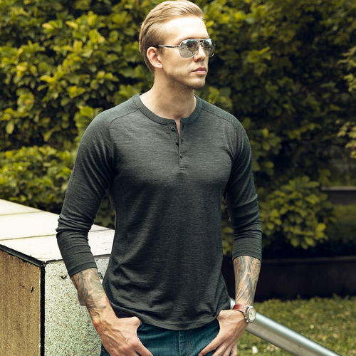 二代隐羽PRO美丽诺羊毛长袖亨利领T恤打底衫男款品质休闲透气男士弹力 商品图0