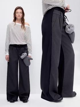 出逃赤岗西/24AWK112/设计挺括感双腰头撞色拼接条纹抽绳直筒休闲长裤