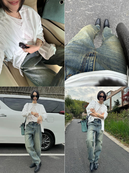 HIDEMI【吴千语同款】多重水洗泛白做旧感中低腰直筒牛仔裤 商品图1