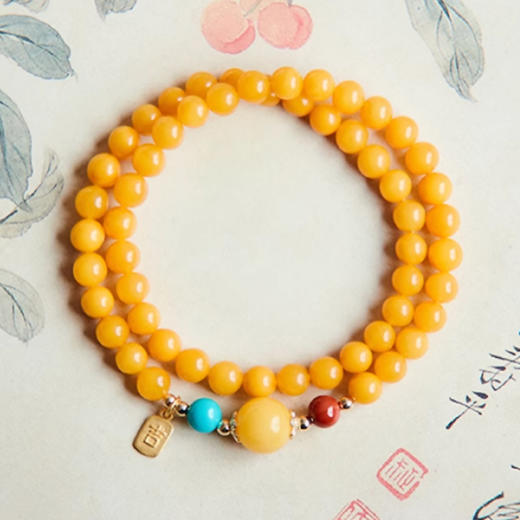 【经典】福运绵长天然鸡油黄老蜜蜡双圈手串6mm  天然宝石手链琥珀首饰带证书 商品图1