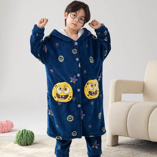 【冬季保暖，珊瑚绒加厚睡袍套装，可外穿家居服】儿童睡袍珊瑚绒 冬季加绒加厚儿童法兰绒 男孩睡衣 可外穿家居服 亲子套装-QQ 商品图12