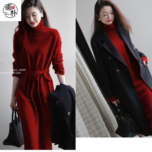 女士气质针织连衣裙女装秋冬季新款时尚系带收腰毛衣裙S-3XL 商品图0