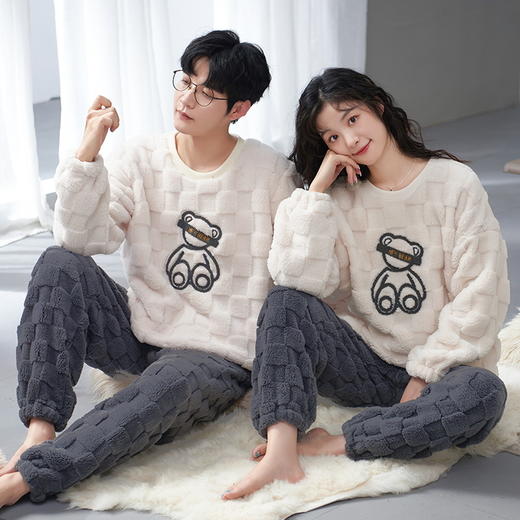 秋冬男女加绒睡衣裤 可爱卡通圆领套头家居服加厚情侣装套装 商品图2