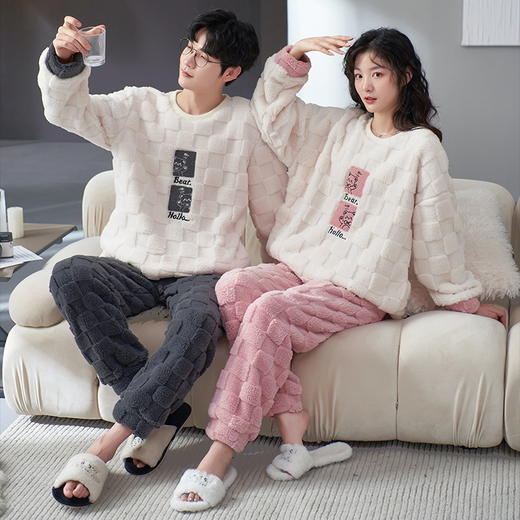 秋冬男女加绒睡衣裤 可爱卡通圆领套头家居服加厚情侣装套装 商品图0
