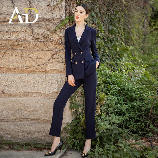AD工作服套装女职业西装套裤2024新款干练双排扣藏青色主持人正装 商品图3