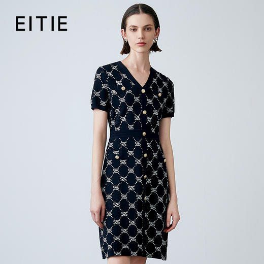 EITIE爱特爱春季新款温柔气质V领香风修身显瘦印花针织连衣裙7701406 商品图0